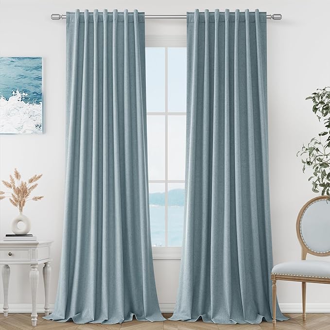 Guken Blue 100% Blackout Linen Curtains 84 Inch Length 2 Panels Set for Living Room Bedroom Back Tab Thermal Insulated Black Out Drapes Room Darkening Window Curtains 84 Inches Long Dusty Blue