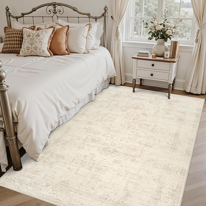 6x9 Area Rugs for Living Room: Vintage Boho Neutral Washable Rug Indoor Soft Large Area Rug Carpet for Bedroom Nursery Farmhouse Dining Room Office Floor Non-Slip Low Pile Under Table Rug Dark Beige