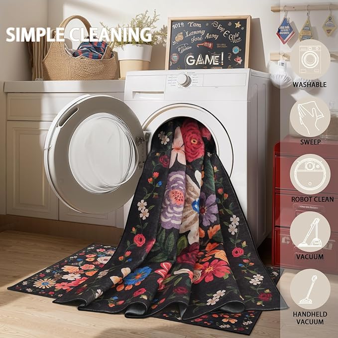 Rug for Hallways Kitchen Rug 3x7, Non Slip Washable Rugs with Rubber Backing Soft Floral Carpet Runner for Hallways, Kitchen, Laundry, Bedroom, Bathroom(3 x 7, Black/Brown)