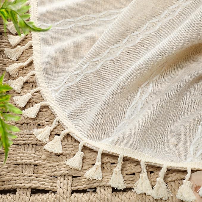 Boho Blackout Curtains 63 Inches Long Beige Linen Blend 2 Panels with Tassels and Cotton Embroidery, Farmhouse Vintage Rustic Rod Pocket Drapes for Living Room or Bedroom