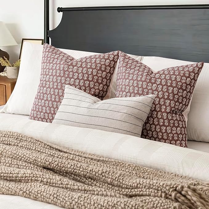 Foindtower Set of 2 Decorative Vintage Floral Print Throw Pillow Covers Neutral Modern Farmhouse Cushion Covers Boho Home Decor for Sofa Chair Couch Bedroom Living Room,18×18 Inch,Wine Red