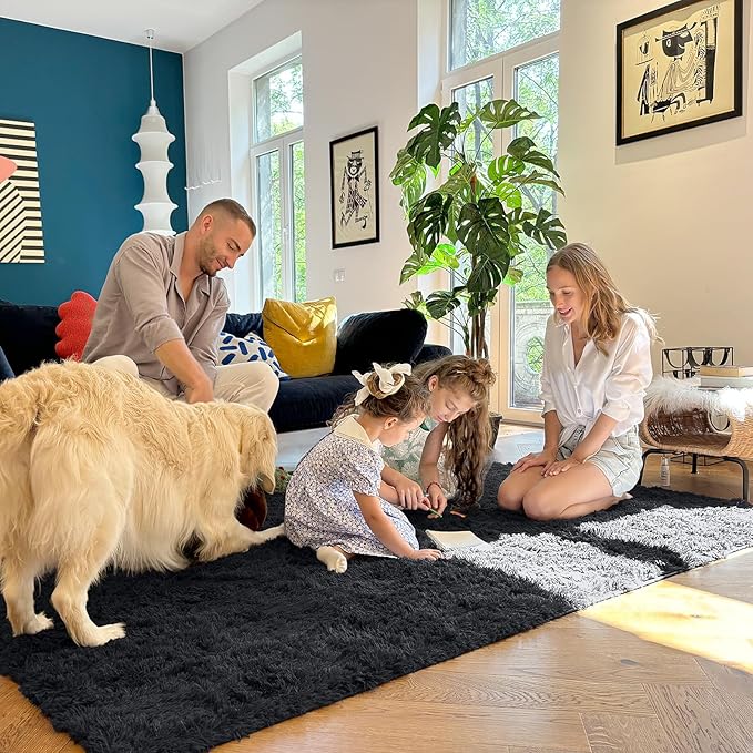 OLANLY 10x11 Machine Washable Large Area Rugs for Living Room, Bedroom, Soft Fluffy Shaggy Bedside Rug, Indoor Floor Carpet for Kids Girls and Boys, Dorms, Nursery, Home Decor Aesthetic, Black