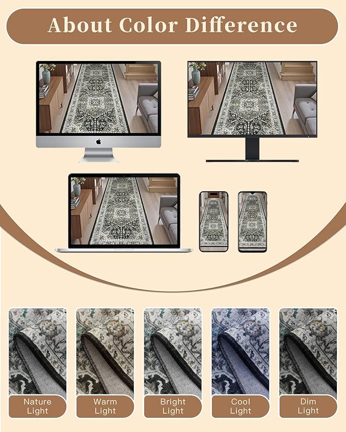 Madane Washable Kitchen Runner Rug 2x6, Ultra-Thin Non-Slip Hallway Runner, Stain Resistant Vintage Entryway Carpet Runner, Pet Friendly Low Pile Runners, Grey Green/Black Olive