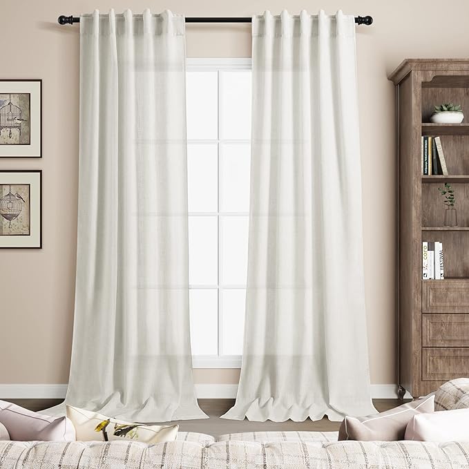 Cream Linen Curtains 108 inches Long for Bedroom 2 Panel Set Back Tab Light Filtering Privacy Sheer Curtains 9 FT Farmhouse Decor Cotton Textured Gauze Curtain for Sunroom Picture Window 36x108