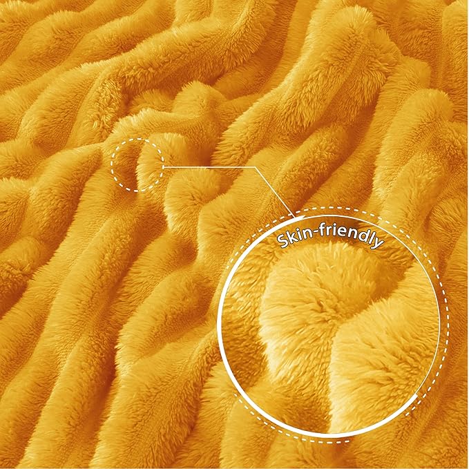 Exclusivo Mezcla Fleece Throw Blanket for Couch, Super Soft Striped Jacquard Bed Blanket, Lightweight Fuzzy Cozy for All Seasons, 50x60 Inches, Mustard Yellow