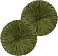 HIG Set of 2 Decorative Round Pleated Throw Pillows, Classy Accent Pumpkin Throw Pillows with Center Button, Vintage Velvet Floor Pillows for Sofa Couch Vanity Chair Bed, Olive, 14.5" Diameter(Ripple)