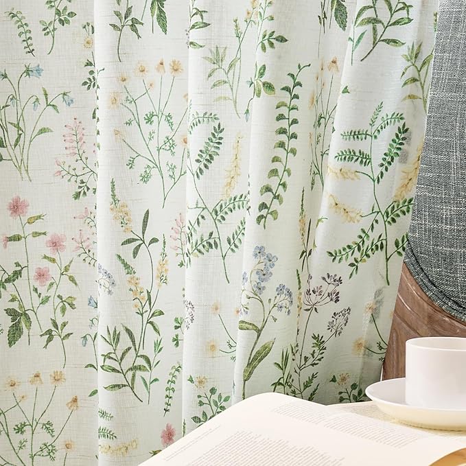 jinchan Floral Linen Blend Curtains for Living Room 63 Inch Length French Country Farmhouse Printed Curtains Sage Green on White Rod Pocket Back Tab Light Filtering Window Drapes 2 Panels