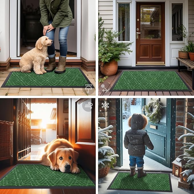 Smiry Front Door Mat Outside Entrance, Heavy Duty Sturdy Natural Rubber Doormat, Trap Dirt and Moisture, Easy Clean Low Profile Mats for Indoor Outdoor Entry, Grid Geometric (35x23, Green)
