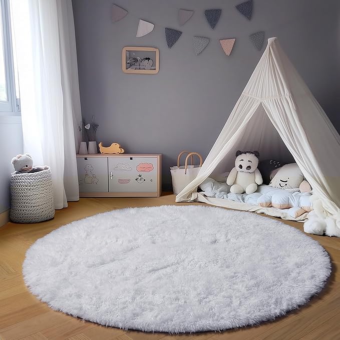 ONASAR White Round Area Rug 4ft, Soft Bedroom Circle Rugs Floor Mat for Kids Girls Boys Teen Room, Fuzzy Plush Shaggy Carpet for Baby Nursery Living Room Playroom Home Decor