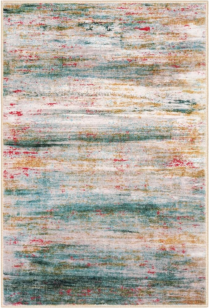 KOZYFLY Washable Area Rug 5x7 Modern Ombre Thin Rugs for Living Room Non-Slip Soft Striped Rug for Bedroom, Print Green Abstract Carpet for Laundry Kid Room