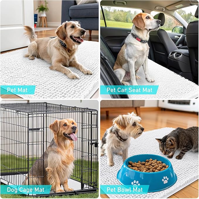 OLANLY Dog Door Mat for Muddy Paws 54x32, Absorbs Moisture and Dirt, Absorbent Non-Slip Washable Doormat, Quick Dry Chenille Mud Mat for Dogs, Entry Indoor Entryway Carpet for Inside Floor, White