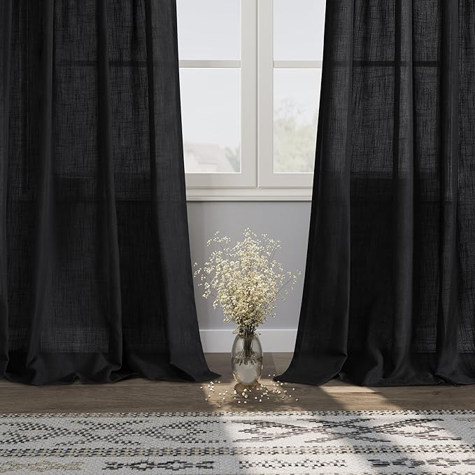 Nanspring Black Semi Sheer Linen Curtains 84 inch Length for Living Room Back Tab Rod Pocket Modern Farmhouse Coastal Decor Black Cotton Textured Gauze Curtains for Dining Room Office 38x84