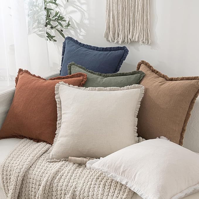 MIULEE Decorative Throw Pillow Covers Neutral Linen Fringe Throw Pillows Set of 2 Indigo Blue Boho Farmhouse Cushion Covers Coastal Decor for Couch Sofa Bed Living Room Spring Decor 26x26 Inch