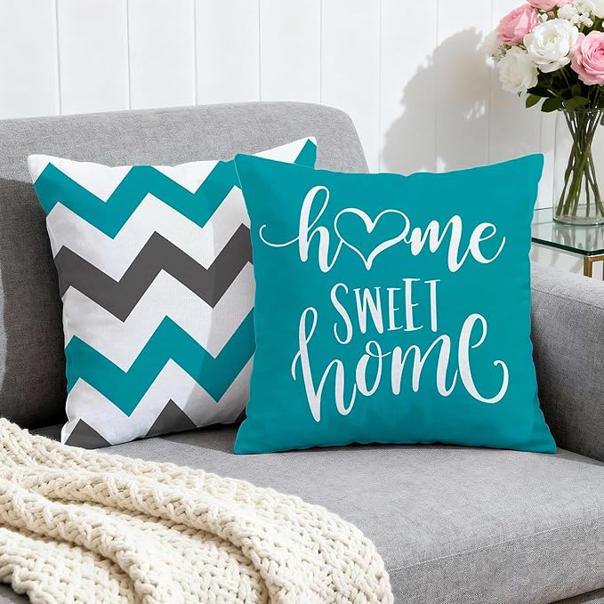 Hexagram Geometric Teal Pillow Covers 16x16 Set of 4, Decorative Outdoor Boho Modern Throw Pillow Covers, Home Sweet Home Farmhouse Cushion Case for Couch Sofa Bedroom Indoor Decor(No Insert)