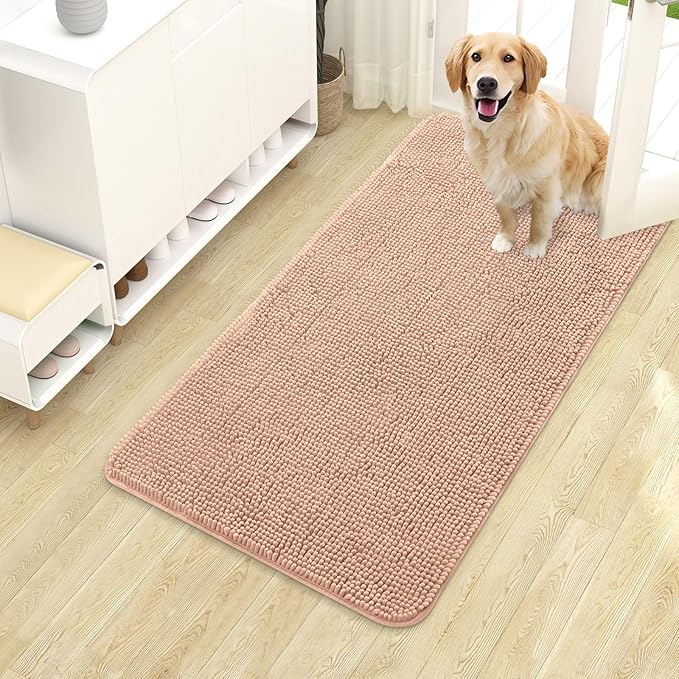 OLANLY Dog Door Mat for Muddy Paws 40x24, Absorbs Moisture and Dirt, Absorbent Non-Slip Washable Doormat, Quick Dry Chenille Mud Mat for Dogs, Entry Indoor Entryway Carpet for Inside Floor, Peach