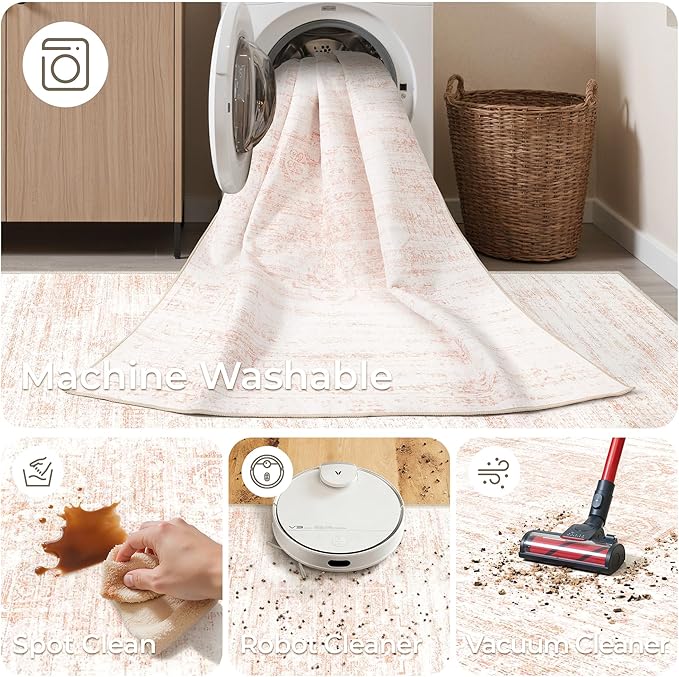 2x12 Runner Rug, Long Hallway Rugs for Dining Room, Living Room, Bedroom, Machine Washable Kitchen Carpet Runner with Rubber Backing, Soft Low Pile Indoor Rug(2'x12', Pink/White)