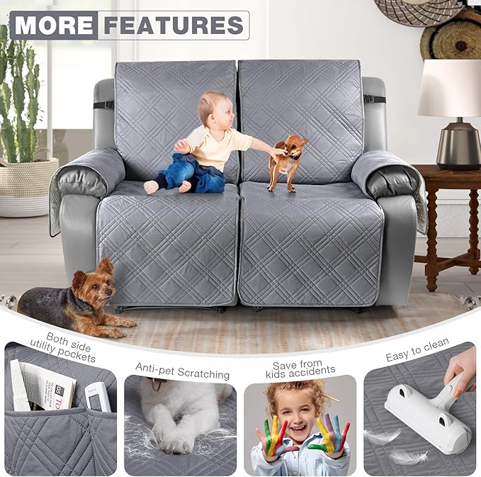 TAOCOCO 100% Waterproof Oversized Loveseat Recliner Cover, Non Slip Split Couch Covers for Reclining Loveseat with Elastic Straps for Kids Pets(Oversized 2 Seater, Gray)