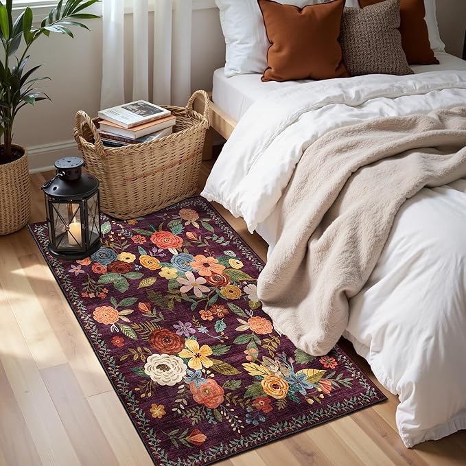 2x5 Entryway Runner Rugs, Non Slip Washable Rugs with Rubber Backing Soft Floral Carpet Runner for Kitchen, Laundry, Bedroom, Bathroom(2 x 5, Purple)