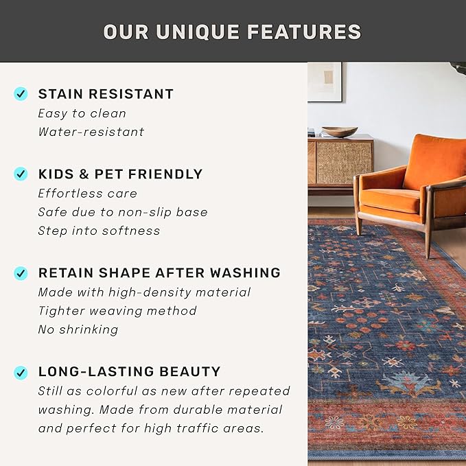 Hazo Haus Navy Blue Washable Hallway Runner Rug 2x10 Non Slip Rugs for Kitchen, Mudroom, Bathroom, Hall Way - 10 ft Long Dark Boho Geometric Decor, Fade & Stain Resistance