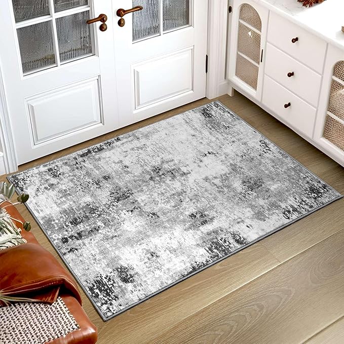 Entrance Rugs Indoor 2x3 Grey Entry Rug Washable Abstract Small Area Rug Non-Slip Low Pile Throw Rugs for Entryway, Kitchen Floor, Front Door Indoor Door Mat, Bathroom, Bedroom Bedside