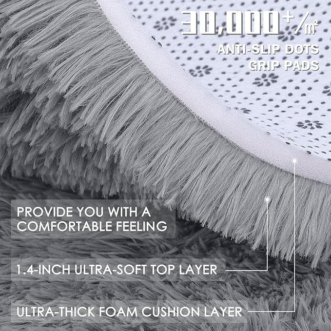 OLANLY Light Grey Round Rugs for Bedroom - Machine Washable, 2 ft Circle Area Rugs for Living Room, Soft and Fluffy Shaggy Carpet for Teen Girls and Boys, Nursery Rooms, Dorms, Home Decor Aesthetic