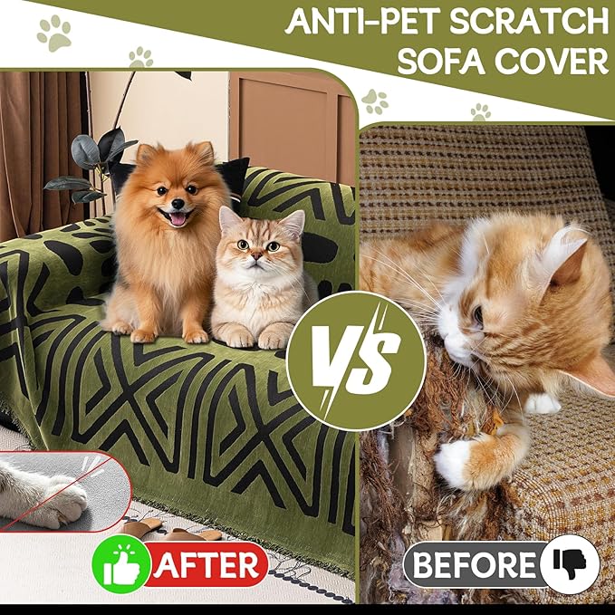HANDONTIME Boho Couch Cover Geometric Striped Pet Covers for Couches and Sofas Olive Green and Black Dog Cover for Couch Pet Friendly Chenille Sectional Sofa Covers for Pets Washable, 71" X 134"