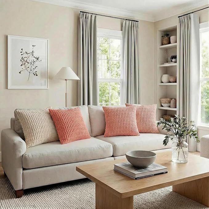 Fancy Homi 4 Packs Blush Pink Decorative Throw Pillow Covers 20x20 Inch for Living Room Couch Bed Sofa, Soft Plush Striped Corduroy Square Light Pink Coral Peach Cream Colorful Cushion Case 50x50 cm
