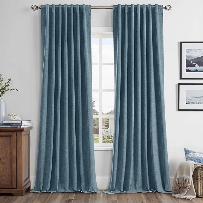 MIULEE 100% Blackout Linen Curtains for Bedroom, Stone Blue Solid Luxury Decor Thermal Insulation Room Darkening Drapes for Living Room Nursery Back Tab Rod Pocket 42 x 96 Inches, 2 Panels