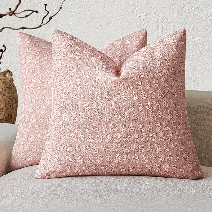 Foindtower Set of 2 Decorative Vintage Floral Print Throw Pillow Covers Neutral Modern Farmhouse Cushion Covers Boho Home Decor for Sofa Couch Chair Bedroom Living Room Outdoor,20×20 Inch,Light Pink