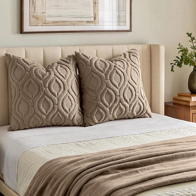 decorUhome Throw Pillow Covers 18x18 Inch Set of 2, Soft Plush Faux Wool Light Brown Solid Couch Pillow Covers, Accent Farmhouse Neutral Square Pillow Cases for Sofa Bed Living Room