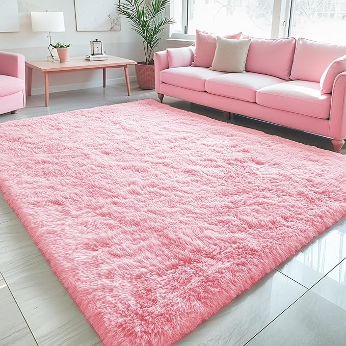 OLANLY 5x7 Machine Washable Large Area Rugs for Living Room, Bedroom, Soft Fluffy Shaggy Bedside Rug, Indoor Floor Carpet for Kids Girls and Boys, Dorms, Nursery, Home Decor Aesthetic, Pink