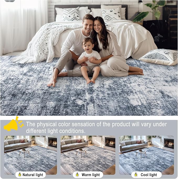 Area Rugs 9x12 Living Room - Washable Rug Modern Abstract Soft Large Neutral Non-Slip Carpet Indoor Floor Thin Carpets for Bedroom Dining Room Farmhouse Nursery Home Office Grey Blue