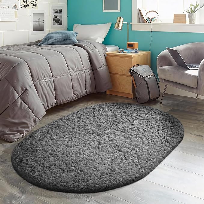 Ophanie 3x5 Oval Rug, Bedside Preppy Dorm Area Rug, College Essentials Non Slip Grey Small Carpets for Bedroom, Anti Slip Fluffy Gray Living Room Rugs Home Decor Aesthetic, Nursery