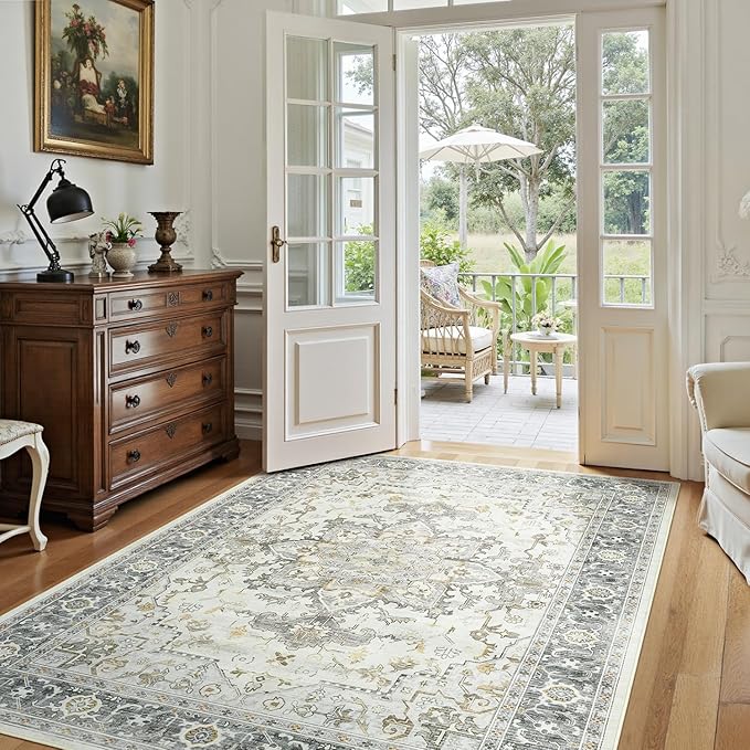 Lofus 6x9 Area Rugs for Living Room, Machine Washable Non-Slip Area Rug, Low Pile Large Rugs for Bedroom, Kitchen, Dining Room, Home Office, Vintage Oriental Print Rug, Taupe Grey