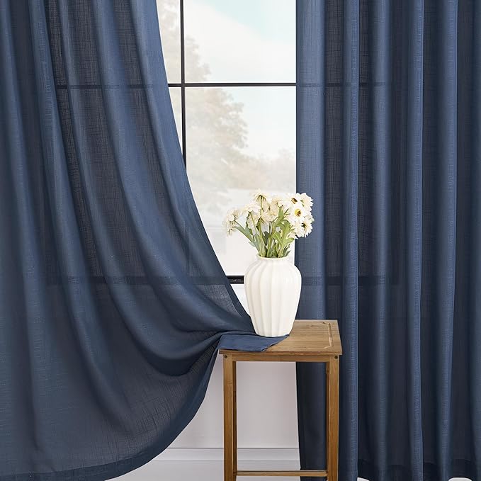 Navy Blue Curtains 90 inch Length for Bedroom Back Tab Light Filtering Semi Sheer Blue Living Room Curtains Linen Cotton Textured Indigo Blue Drapery Panel Modern Aesthetic Decor 42" Wx90 L