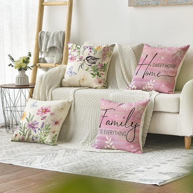 AVOIN colorlife Spring Saying Flowers Butterfly Pink Throw Pillow Covers, 18 x 18 Inch Home Sweet Home Cushion Case for Sofa Couch Set of 4