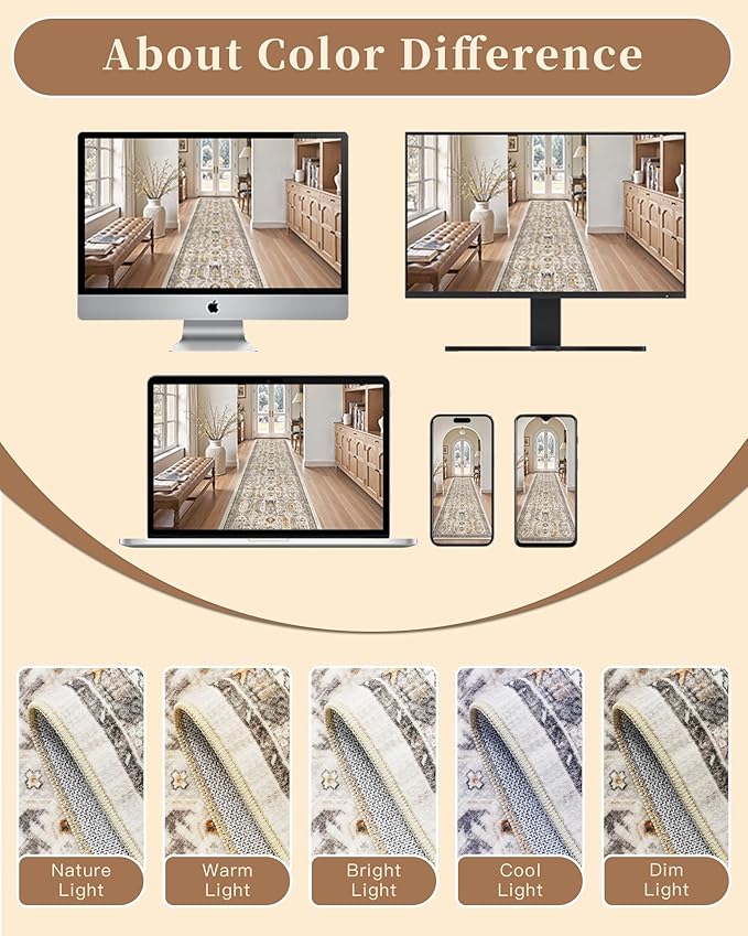 Madane 3x20 Hallway Runner Rug - Extra Long Carpet Runners for Hallways 20ft Non Slip Stain Resistant Rugs Runner for Living Room Bedroom 20 Feet Distressed Floor Carpet for Kitchen, Brown/Gold