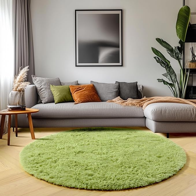ONASAR Grass Green Round Area Rug 4ft, Soft Bedroom Circle Rugs Floor Mat for Kids Girls Teen Room, Cute Fluffy Plush Shaggy Carpet for Baby Nursery Living Room Playroom Dorm Home Decor