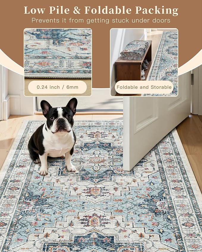 Madane Hallway Runner Rug 2'6''x12' Kitchen Runner, Non Slip Vintage Runners for Hallways Washable Kitchen Rugs Soft Low Pile 2.5x12 ft Rug Runner for Laundry Room, Entryway and Bedroom, Blue