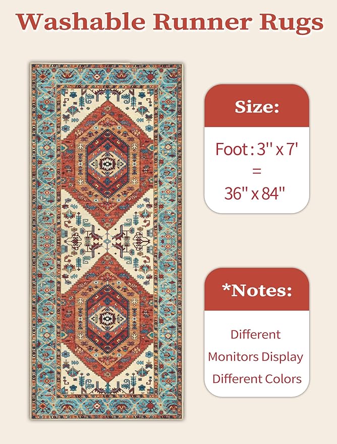 SERISSA Boho Kitchen Runner Rug, 3x7 Washable Non-Slip Runner Rug for Hallways Kitchen Rug, Ultra Soft Vintage Orange Print Distressed Tribal Floor Carpet Runner for Bedroom Entryway Laundry Room