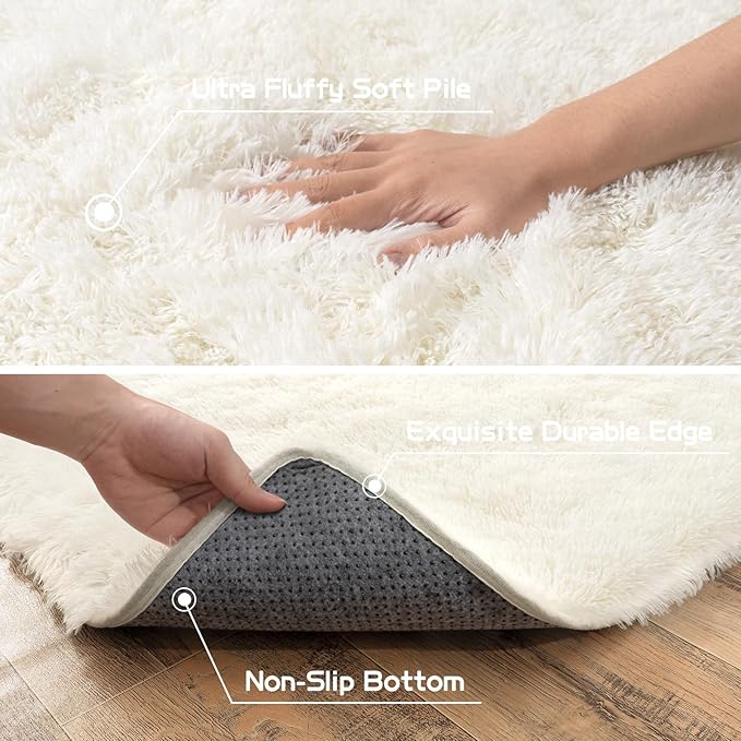 Pionblank Fluffy Small Rug for Bedroom 2x3 Feet, Shag Soft Area Rug, Modern Plush Carpet, Furry Cute Bedside Rug for Kids Girls Boys Room Nursery Decor, Cream White