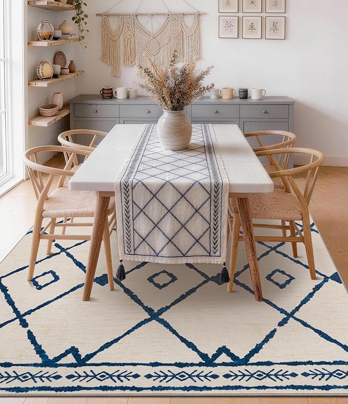 YIHOUSE Boho Rugs for Living Room, 6x9 Western Beige and Blue Area Rug, Moroccan Geometric Soft Low-Pile Washable Rugs for Bedroom, Dining Room