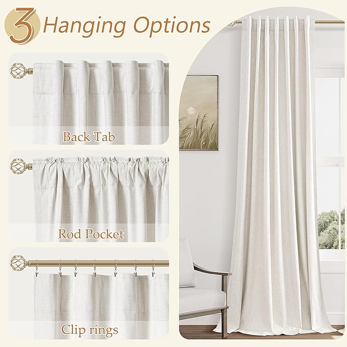Beige White 100% Blackout Linen Curtains 84 Inch Length 2 Panels Set for Living Room Bedroom Back Tab Thermal Insulated Black Out Drapes Room Darkening Farmhouse Style for Bedroom Window Curtains