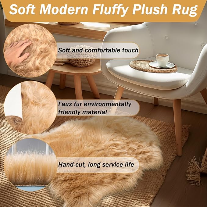 Faux Fur Rug - Faux Sheepskin Rug 2x3 Ft Irregular Shaped Carpet Fluffy Carpet Furry for Bedroom, Living Room, Nursery, Dorm, Chair, Fireplace, Closet (Beige)