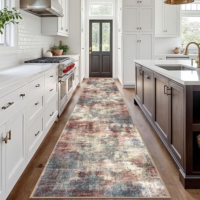 IOHOUZE Abstract Runner Rug 3x18 Ft Washable Runners for Hallways, Non Slip Kitchen Runner Printed Faux Wool Entryway Runner Indoor, Modern Abstract Floor Carpet for Hall Stair, Red/Multi