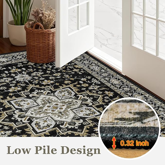 3x5 Area Rugs Living Room Rug: Washable Vintage Boho Medallion Rug No Slip Stain Resistant Soft Carpet Indoor Large Carpets for Bedroom Dining Room Farmhouse Nursery Hallway Home Office Black Gold