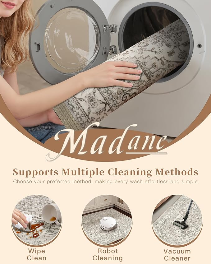 Madane 4x12 Wide Hallway Runners: Washable 12ft Runner Rug for Entryway Living Room Soft Vintage Non Slip Carpet Runner for Kitchen Dining Room Nursery Bedroom Thin Area Rug (Beige/Brown, 4x12ft)