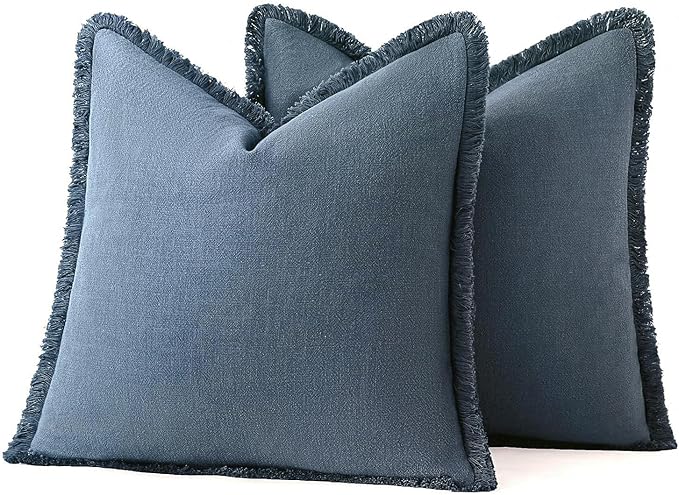 MIULEE Decorative Throw Pillow Covers Neutral Linen Fringe Throw Pillows Set of 2 Blue Ashes Boho Farmhouse Cushion Covers with Tassels for Couch Sofa Bed Spring Home Decor 20x20 Inch