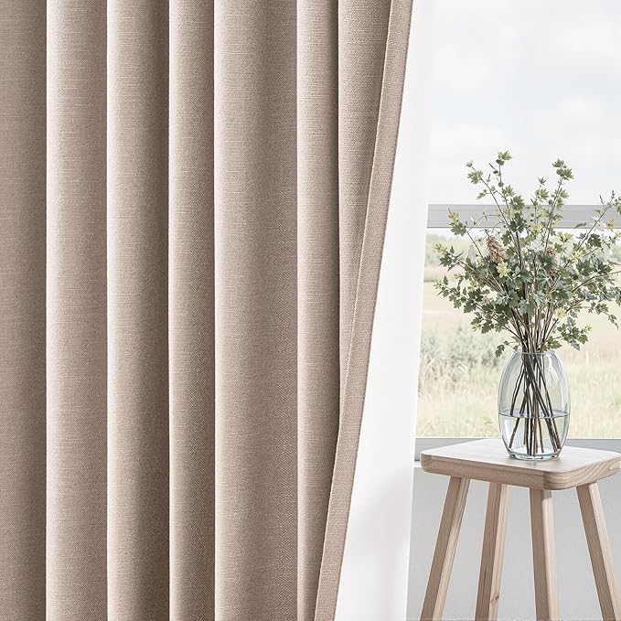 Topfinel 92 inch Long Blackout Curtains 2 Panels Set Neutral Beige Window Drapes 100% Blackout Linen Curtain with Back Tab Rod Pocket Sunlight Blocking Thermal Insulated Panel for Bedroom Living Room