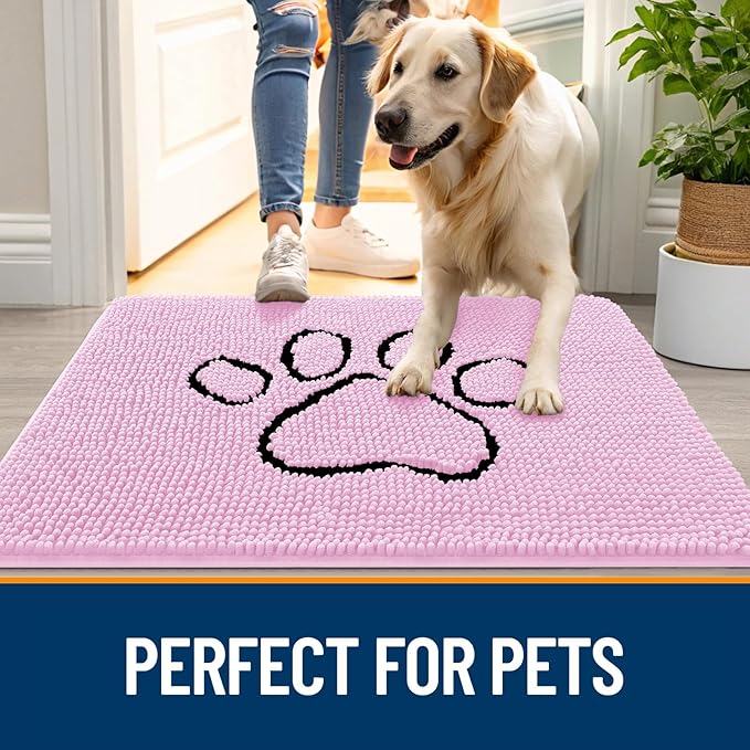 OLANLY Dog Door Mat for Muddy Paws 36x24, Paw Print Design, Absorbs Moisture and Dirt, Absorbent Non-Slip Washable Doormat, Quick Dry Chenille Mud Mat for Dogs, Entry Indoor Entryway Carpet, Pink